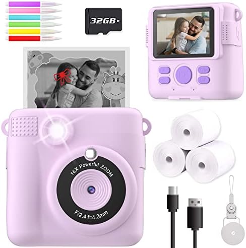 Esoxof antes da câmera de impressão instantânea para crianças, presentes de aniversário de Natal para meninas meninos de 3 a 12 anos, câmeras de vídeo digital HD para criança, brinquedo portátil para 4 5 6 7 8 9 10 anos de idade com 32 GB SD-Purple-Purple
