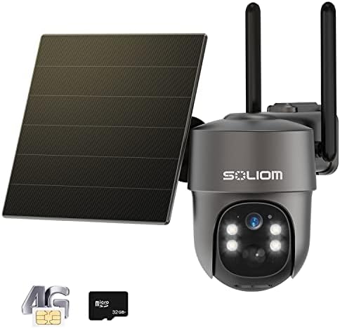 Câmera de segurança celular Soliom 4G LTE, câmera solar Nenhuma wifi precisava de externo sem fio, com bateria, 2K HD Spotlight Color Night Vision, Detecção de movimento, PTZ 360 ° 2way Talk, SIM & SD CARD