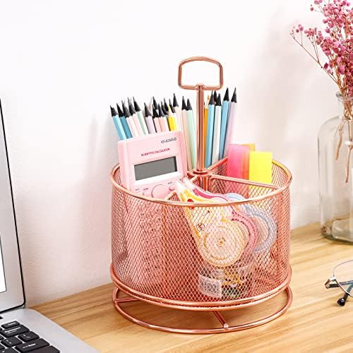 Marbrasse Rose Gold Gold Desk Organizador, 360 graus de caneta multifuncional rotativa, 4 compartimentos acessórios de mesa de ouro rosa, caddy de lápis de armazenamento de arte de arte de escritório em casa