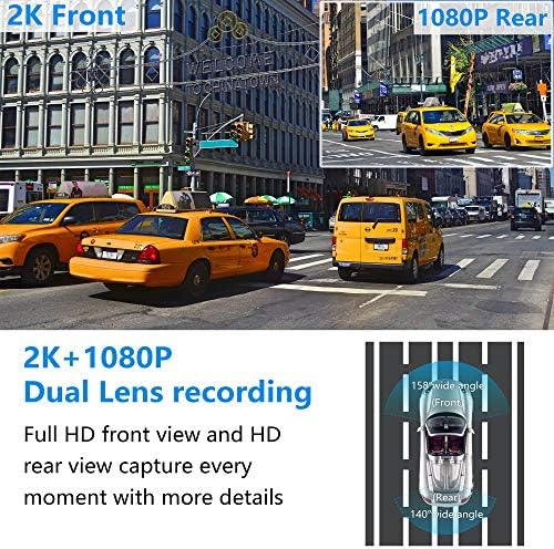 Aolbea Dash Cam Frente e traseira 2,5k 1440p+1080p Sony IMX335 Sensor de 6 vidro Lens de largura de lente Dual Doun Dash Cam com 3