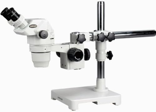 AMSCOPE ZM-3BX Microscópio de zoom estéreo binocular profissional, EW10X Eculares, ampliação de 3,35x-45x, objetiva de zoom de 0,67x-4,5x, iluminação ambiente, suporte de lança de braço único, inclui lente de barlo de 0,5x de barlow 0,5x