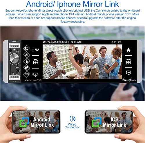 Roinvou Single Din Car Séreo com CarPlay Android Auto 5,1 polegadas IPS Touch Screen Car Radio Bluetooth FM Mirror Link
