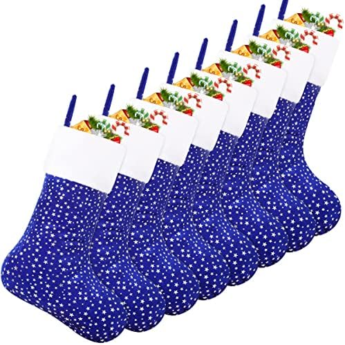 Cootato 8 Pacote meias de Natal, meias de Natal de estrela prateada de 18 polegadas com prata com cor de pelúcia branca com decorações de meias personalizadas para festa de férias de Natal, azul e prata