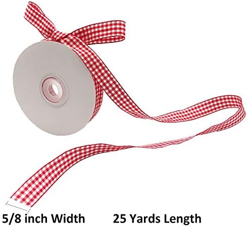 Fita de gingham vermelha e branca, fita de fita de fita de piquenique de piquenique de 5/8 x 25yd para artesanato de búfalo vermelho para artesanato artesanato e embrulho de presente de Natal, medição de fita de poliéster de 5/8 polegadas +60