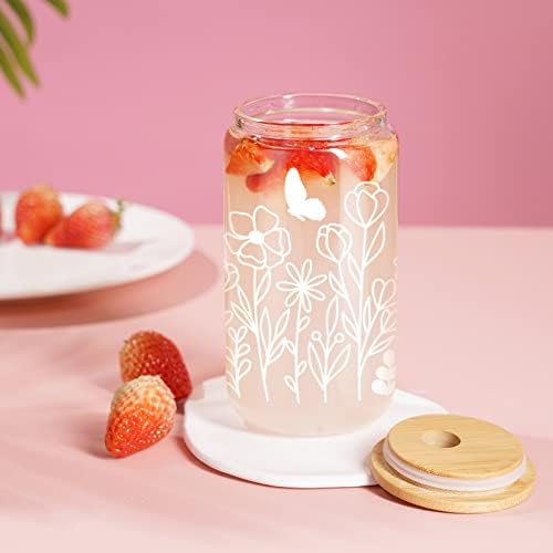 Copo de vidro GSPY com tampa de palha, xícara de café gelada para mulheres, homens - floral com xícara de borboleta, xícara fofa, copo