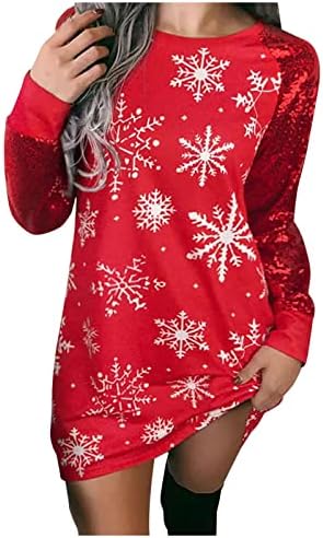 Womens lantejão de manga longa vestido de camisa de Natal impressão de floco de neve longa camiseta