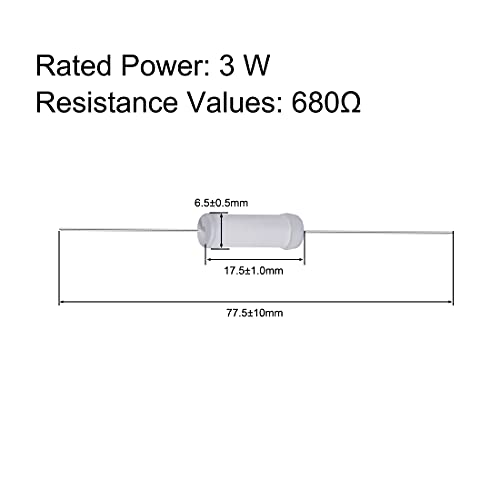 UXCELL 20PCS 680 OHM Resistor, 3W 5% de resistores de filmes de óxido de metal de 5%, prova de chama para projetos e experimentos