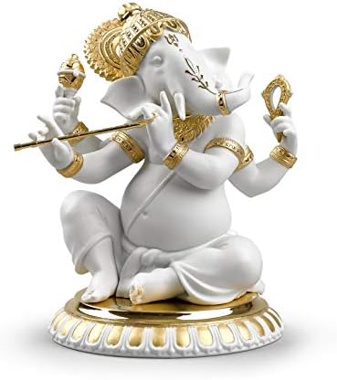 Lladró Bansuri Ganesha estatueta. Lustre dourado. Figura de porcelana Bansuri Ganesha.