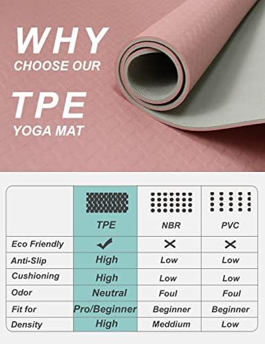 TPE Yoga Mat Double -side -shelan Slip, 72 '' x 32 '' x 7mm - tapete de ioga extra largo e grosso com cinta, rosa + azul