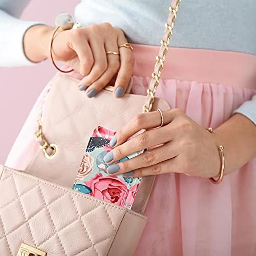 Caixa de batom mini mini com espelho para bolsa, estética Butterfly Rose Flores florais Flores de couro Saco de maquiagem