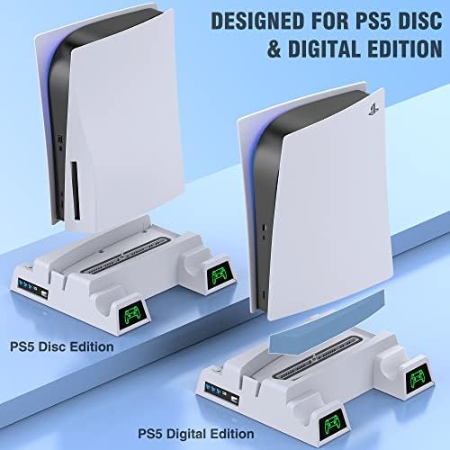 Estação de resfriamento de suporte PS5 com 13 jogos de armazenamento de jogos, estação de carregamento de controlador PS5 duplo com