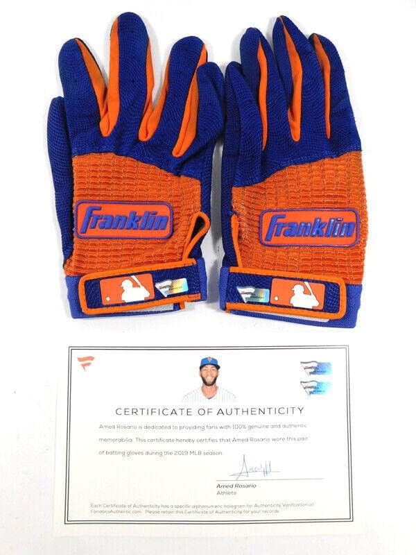 AMED Rosario NY Mets 2019 Assinado jogo usado Orange/Blue Franklin Luvas de rebatidas - MLB Game usado luvas usadas