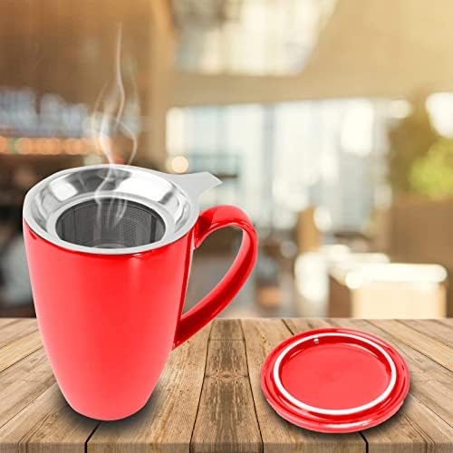 Canecas de chá de porcelana Big Dory com Infuser - 15 onças de chá de chá resistente com filtro para leite e tampas de xícara de café Mercando a caneca de folhas soltas para casa, presente e escritório, vermelho