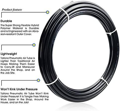 Tailonz Linha pneumática de ar 3/8 polegadas od odo de nylon pneumático preto Tubo de nylon de freio de ar 196,9 pés Mangueira de nylon