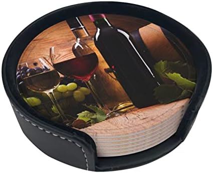 Coasters redondos Conjunto de 6, vinho tinto de uva e cortiça, montanha -russa engraçada de couro portátil de couro PU para bebidas com suporte, decoração de casa de férias para mesa de café 4 polegadas