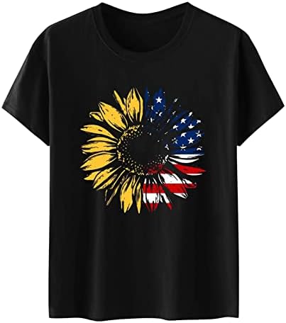 Tops de verão para mulheres, camisetas de bandeira americana 4 de julho feminino casual de manga curta casual T-shirt girassol