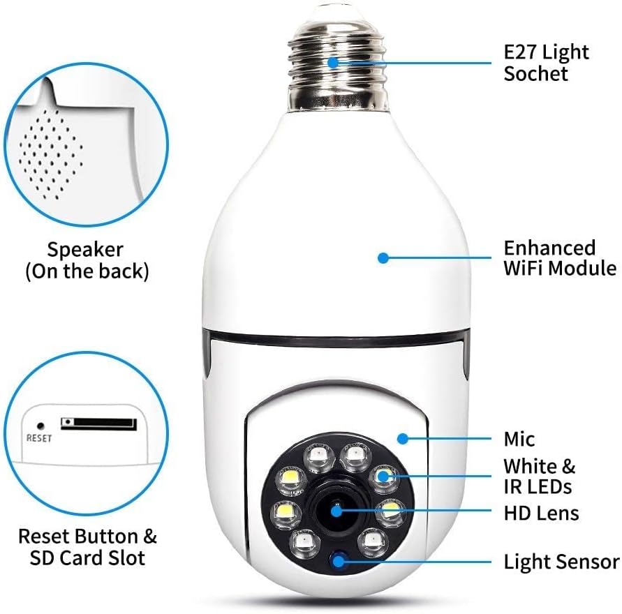 2 pacote de lâmpada de 3mp Câmera de segurança da lâmpada externa sem fio, 360 ° Câmeras de soquete de luz inteligente de Wi-Fi de 360 ​​° para câmeras de segurança doméstica com detecção de movimento e alertas, áudio bidirecional, compatível com Alexa