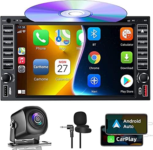 Rádio estéreo de carro duplo com CD/DVD player, controle de voz CarPlay e Android Auto, áudio de carro de 7 polegadas