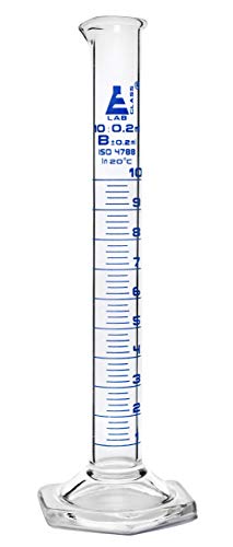 Cilindro graduado, 10ml - Tolerância da Classe B ± 0,20ml - Base Hexagonal - Graduação Azul - Borossilicato 3.3 Glass - Eisco Labs