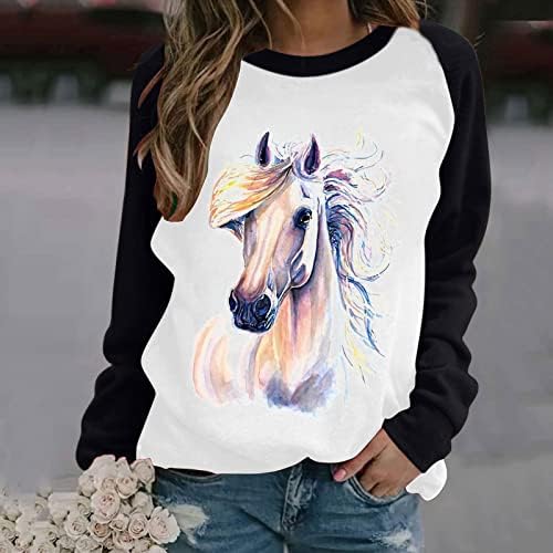 Tops de manga longa para feminino Vintage Horse Graphic T Camisetas Crew Push Pushar