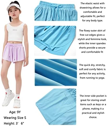 Girls Flowy Shorts com bolsos 2 em 1 juventude para crianças adolescentes Saias de borboleta atlética Running Sports