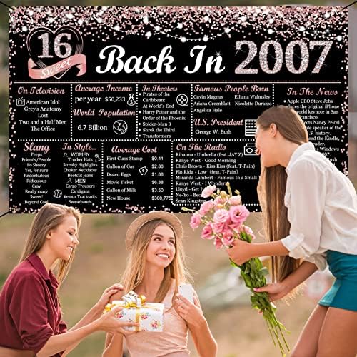Vlipoeasn Doce 16 decorações de aniversário para meninas, ouro rosa e glitter preto em 2007 Banner de 2007 Banner, 70,86 x 43,3 polegadas rosa 16 anos