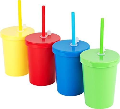Copos infantis de plaskidy com palhas e tampas - 4 pacote de 12 onças de copos de plástico de palha e tampas à prova de vazamento - BPA Free Washer Kids Safe Kids Drinking Tumblers com palha e tampas de smoothie