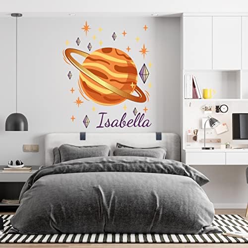Personalize o nome da garota com o Space Orange Planet com anel em estrelas e diamantes - tema do espaço de adesivo de nome de garotas personalizado nas decorações de berçário de parede para bebês