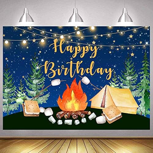 Sensfun Camping Birthday Bordado Cimpão Campfire Feliz Camper Decorações de aniversário florestas S'mores Camping Adventure Birthday Party Photography Background Vinyl Bolo Table Banner Supplies 7x5ft