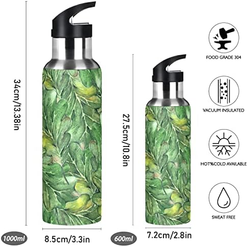 Planta tropical ALAZA Folhas verdes vintage garrafa de água com palha de palha a vácuo aço inoxidável Thermo Flask Garrafa