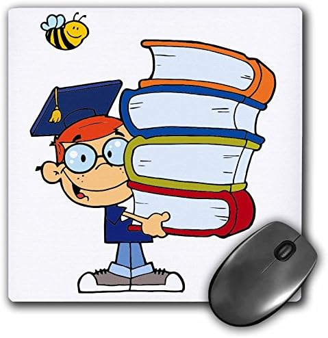 3drose LLC 8 x 8 x 0,25 polegadas mouse pad, garoto de graduação fofo com livros desenho animado