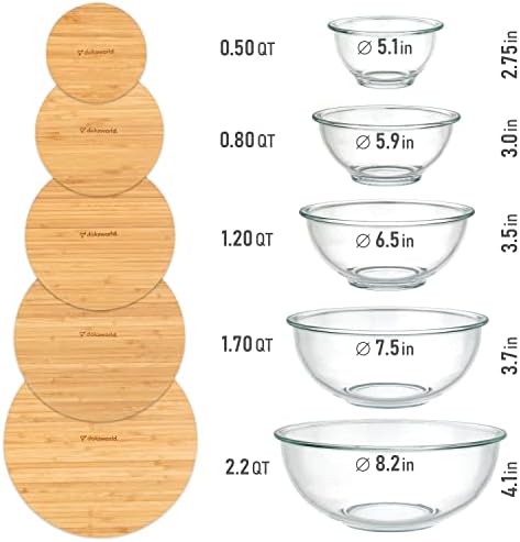Tigelas de mistura de vidro - tigelas de ninho - tigelas de vidro colapsível fofas com tampas armazenamento de alimentos - 5 recipientes de vidro seguro de microondas empilháveis ​​- salada de tigelas de bambu - tigelas de vidro para cozinha para cozinha