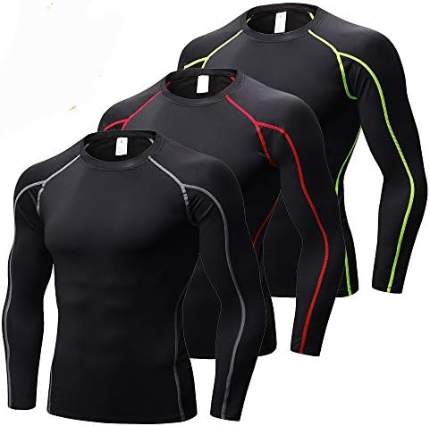 3 pacote de pacote de manga longa atlética masculina camisetas de compressão seco de ginástica esportiva de ginástica de