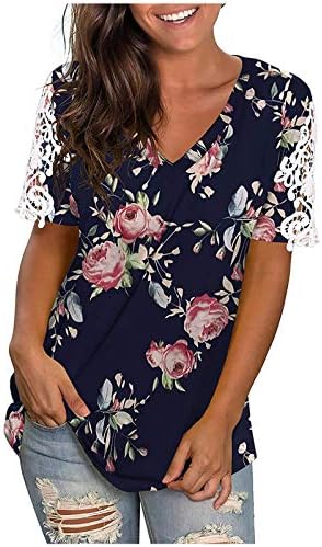 Womens v pescoço t camisetas estamadas florais de manga curta túnica causal túnica de renda de verão camiseta de blusa solteira camiseta de blusa solteira