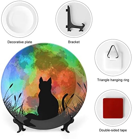 Gato com lua cheia colorida Função engraçada porcelana de placas decorativas de placas redondas Crafas de cerâmica com exibição