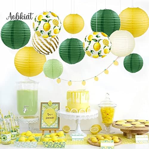 Decorações de Aobkiat Kit de lanterna de papel-12pcs 3 tamanhos Padrão de limão branco verde branco amarelo para chá de bebê neutro,