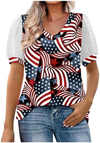Bandeira feminina American Sleeve Star Printing Graphic Tee vintage LOW V PECK TOP Blusa casual casual