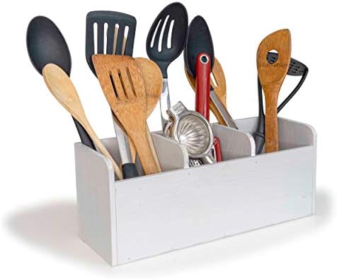Suporte de utensílios de cozinha de madeira besti com 3 compartimentos | Organizador de utensílios de madeira tocada