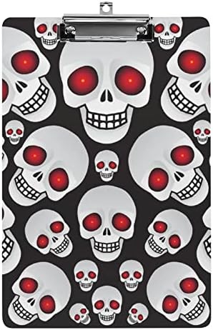 Scary Skulls Acrílico CLIPBOOD 12,5 x 8,5 polegadas com clipe de baixo perfil para salas de aula Officas Restaurantes Médicos Escritórios