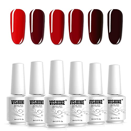 Vishine Red Colors Collection Gel Gel Pack Pack de 6 cores acabamento de brilho e duradouro, absorva o conjunto de presentes