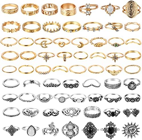 Pantide 67pcs anéis de junta vintage definir anéis de dedos empilháveis ​​anéis midi para mulheres Bohemian Hollow Flores esculpidas Gold e prata anéis de cristal anéis de cristal com bolsa de armazenamento