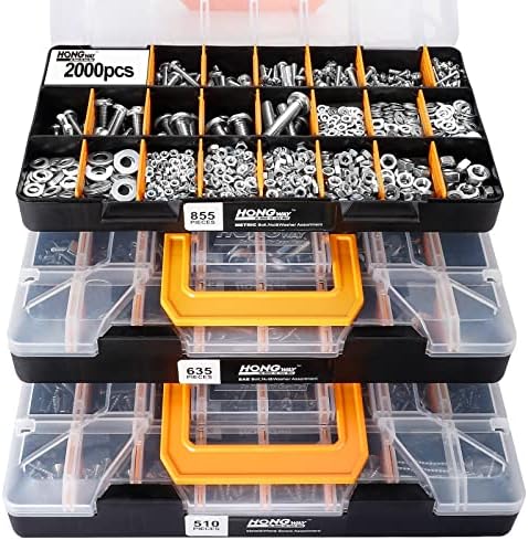 Kit de sortimento de hardware de Hongway 2000pcs com 64 tamanhos, porcas e lavadoras de sortimento e organizador de metal e parafuso de madeira