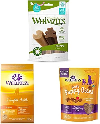 WHIMZEES WELHENNENDO ELECIONAÇÃO DO FUNCY DRISO DO PUNHO, 5 libras Bag Puppy Dental Treats + Wellness Soft Puppy Bites, 8 onças