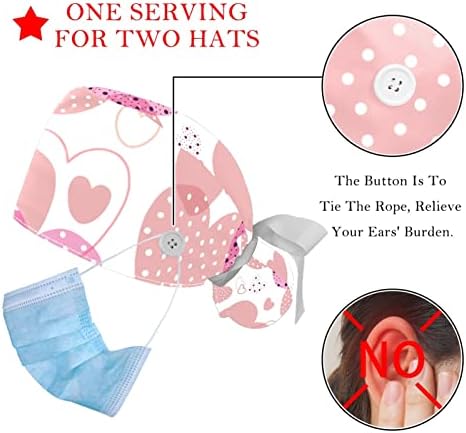 2 Pacote de tampas de trabalho com botão, Rabbit Pink Pattern Bouffant Scrub Hats Women Homen Hair Longo