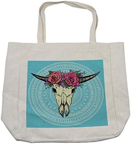 Bolsa de compras de Ambesonne Boho, crânio de búfalo com flores coloridas em buzinas e fundo de mandala desbotado,