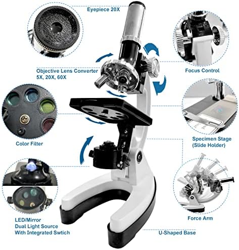 Kit de microscópio para KIDS100X-1200X 52 Pieces Kit de caule para iniciantes para iniciantes com microscópio de corpo de metal,