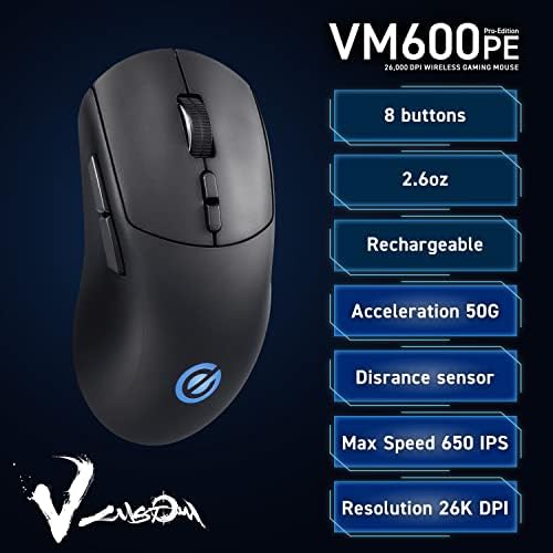 Elecom Gaming v Custom VM600PE Pro Wireless Gaming Mouse, Sensor óptico de 26k DPI, 75g Ultra Lightweight, RGB LED, 95 horas de bateria,
