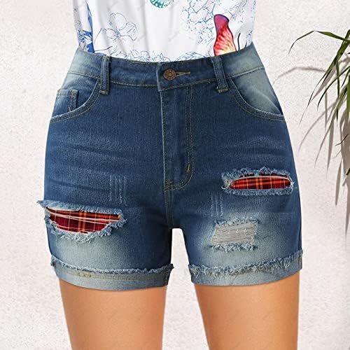 Shorts de jeans de verão para mulheres com cintura alta borlas com bainha crua de bainha de bainha colorida bloco de cores vintage jeans shorts com bolsos