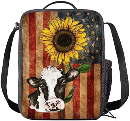 Belidome Lunch Sagt para crianças menino menina Vintage EUA Flag American Sunflower Cow Isolle Lunch Tote Case para escritório da