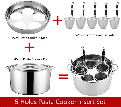 5 orifícios Pasta Cooker Insert Conjunto, panela de macarrão de aço inoxidável com 5 cesta de filtro de inserção para restaurante
